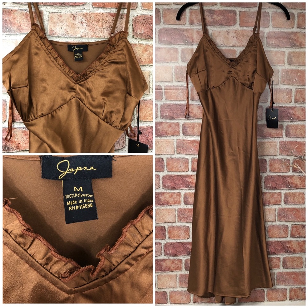 NWT Japna Y2K Style Copper-Brown Satin Slip Dress Bias Cut Midi M fits S